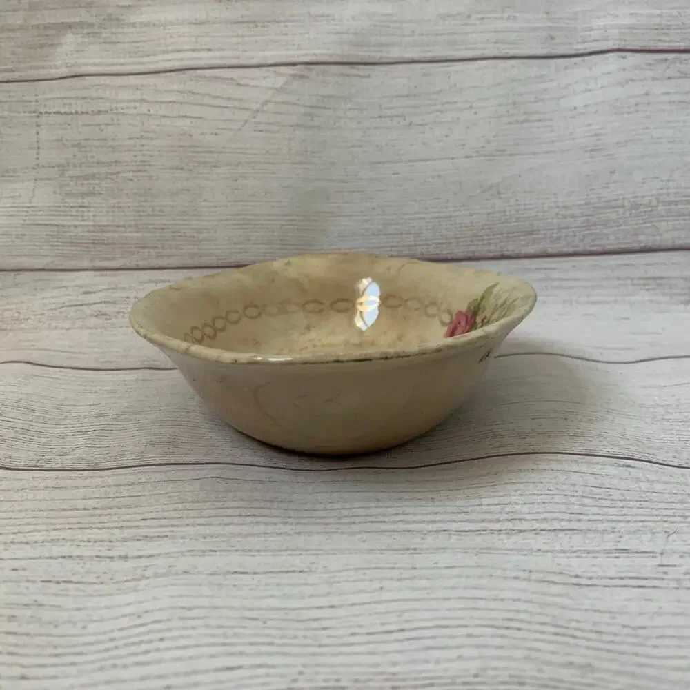 Antique Porcelain Cream Oval Bowl or Serving Dish with Roses Gold Chain 9
